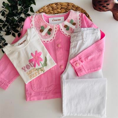 Örgü Çiçek Detaylı Kız Çocuk 3' lü Set - Pembe