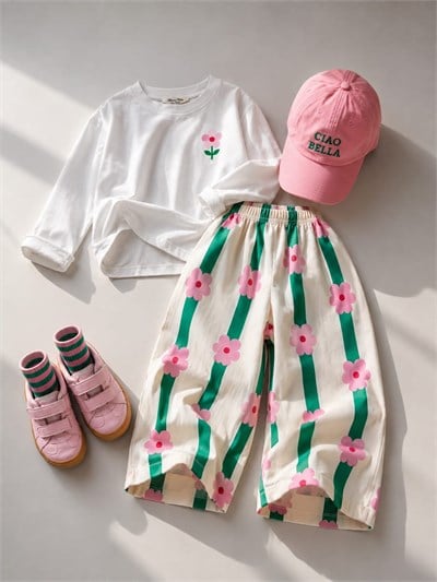 Pembe Çiçekli Kız Çocuk Pantolon Takım