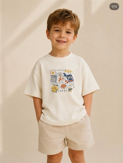 Unisex  Baskılı Oversize Tshirt  - Ekru
