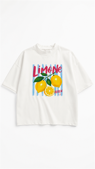 Unisex  Lemon Baskılı Oversize Tshirt  - Ekru