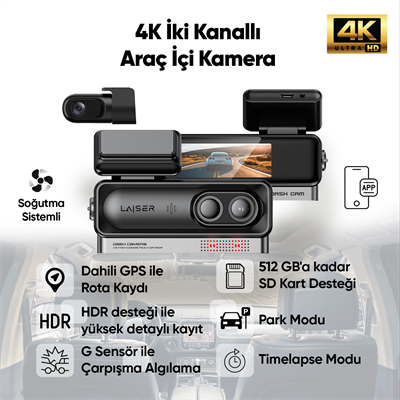 Laiser Alpha 1 4K Araç İçi Kamera 2 Kanallı | Sony IMX678 | GPS + Wi-Fi + Park Modu | Ön-Arka