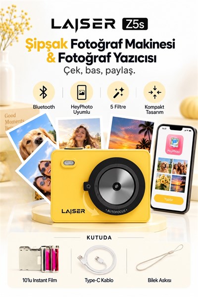 Laiser Z5s İnstant Kamera ve Fotoğraf Yazıcısı - Şipşak Fotoğraf Makinesi - Sarı