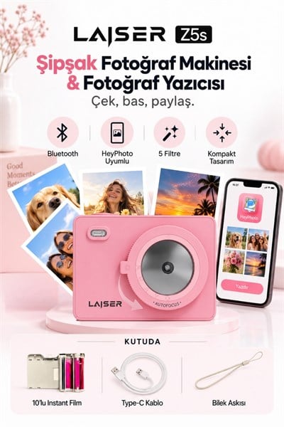 Laiser  Z5s İnstant Kamera ve Fotoğraf Yazıcısı - Şipşak Fotoğraf Makinesi -Pembe