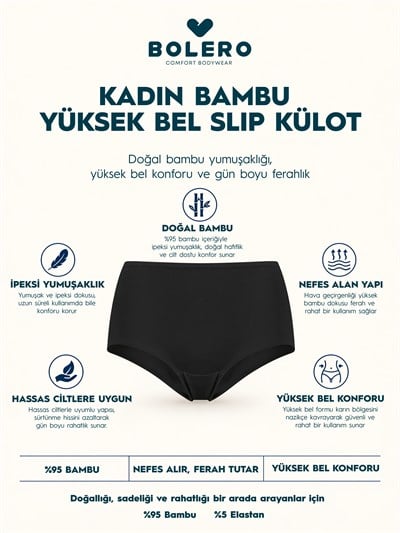  Kadın Bambu Yüksek Bel Slip Külot Siyah