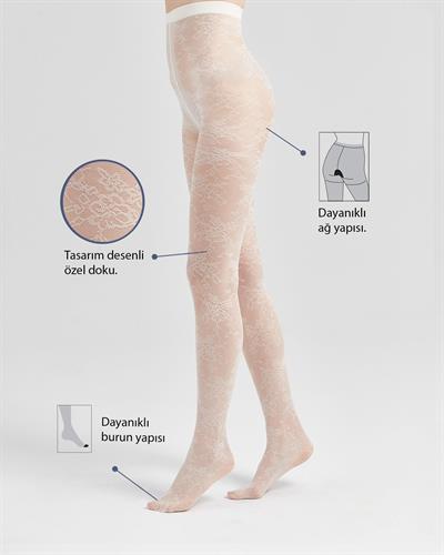 Kadın Floral Dantel Desenli Külotlu Çorap Ekru