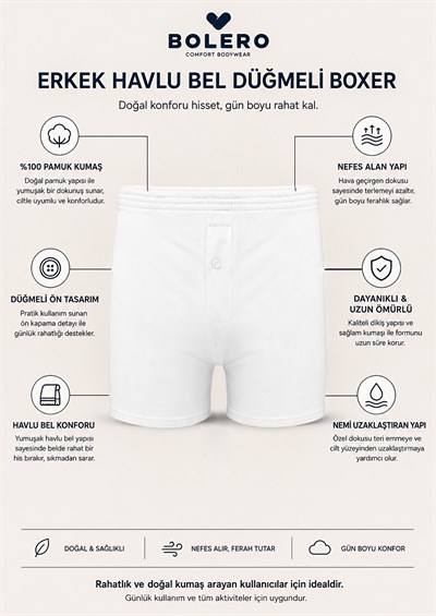 Erkek Havlu Bel Düğmeli Boxer Beyaz