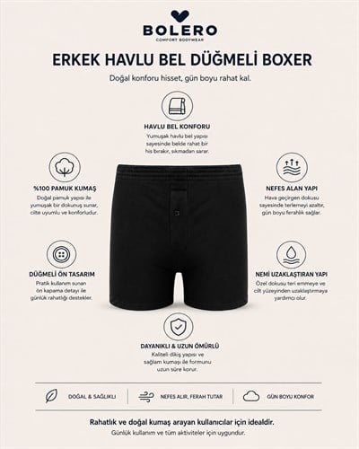 Erkek Havlu Bel Düğmeli Boxer Siyah
