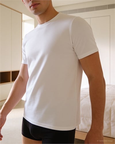 Erkek Premium Lyocell Rahat Kalıp Bisiklet Yaka T-shirt Beyaz