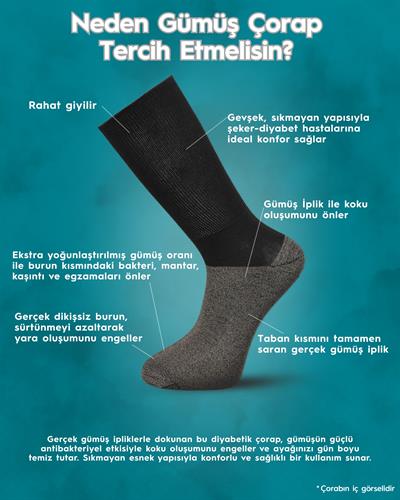 Unisex 12li Premium Gümüş Diabet Çorap Siyah 