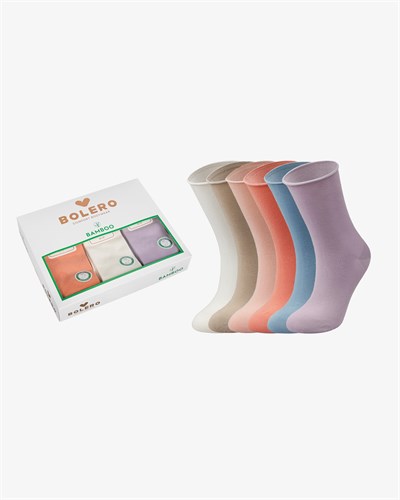 Toptan 12li Kadın Bambu Roll Top Dikişsiz Çorap Mix