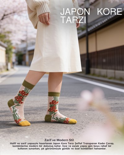 Kadın Japon Kore Tarzı Transparan Çorap  Çorap Kır Çiçekli