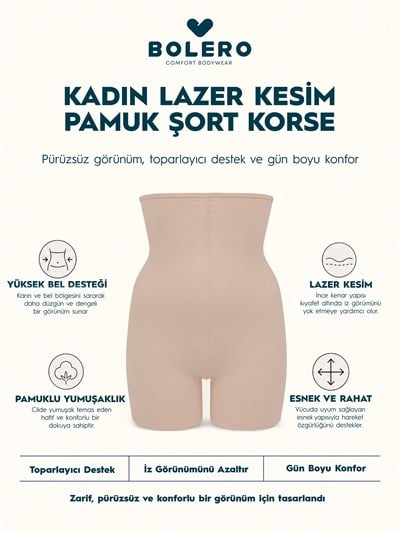 Kadın Lazer Kesim Pamuk Şort Korse Ten