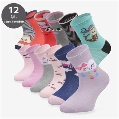 Toptan 12li Kız Çocuk Bambu Çorap-C35
