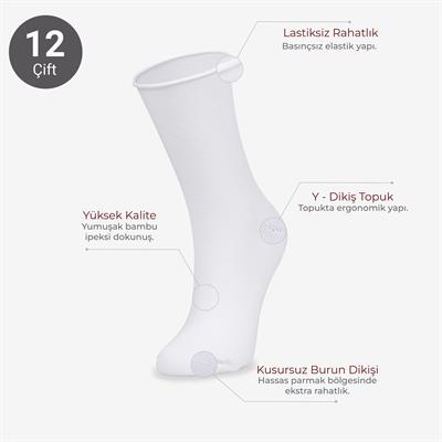 Toptan 12li Roll Top Lastiksiz Kadın Beyaz Bambu Soket-B11