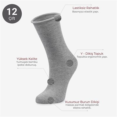 Toptan 12li Roll Top Lastiksiz Kadın Gri Bambu Soket-B11
