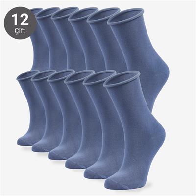 Toptan 12li Roll Top Lastiksiz Kadın İndigo Bambu Soket-B11