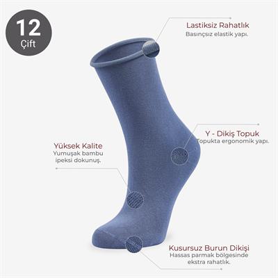 Toptan 12li Roll Top Lastiksiz Kadın İndigo Bambu Soket-B11