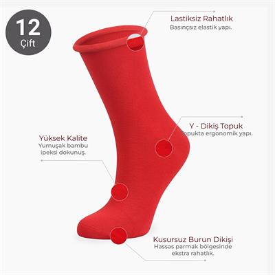 Toptan 12li Roll Top Lastiksiz Kadın Kırmızı Bambu Soket-B11