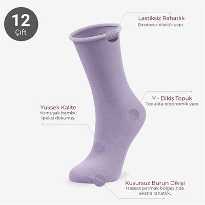Toptan 12li Roll Top Lastiksiz Kadın Lila Bambu Soket-B11
