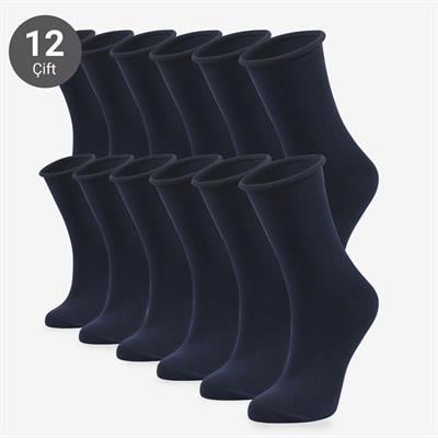 Toptan 12li Roll Top Lastiksiz Kadın Lacivert Bambu Soket-B11