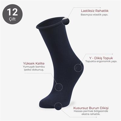 Toptan 12li Roll Top Lastiksiz Kadın Lacivert Bambu Soket-B11