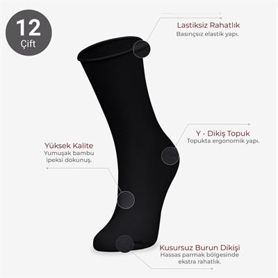 Toptan 12li Roll Top Lastiksiz Kadın Siyah Bambu Soket-B11