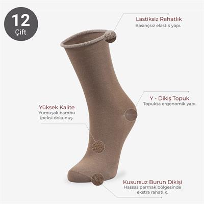 Toptan 12li Roll Top Lastiksiz Kadın Vizon Bambu Soket-B11