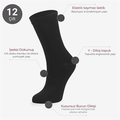 Toptan Kadın 12li Bambu Siyah Çorap-B12