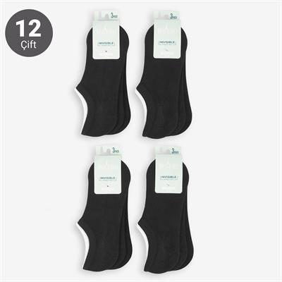Toptan Kadın 12li Pamuklu Sneakers Çorap Siyah-B74