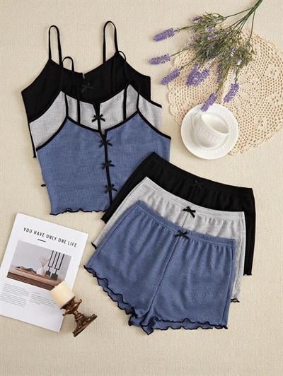 Bella Notte 3 Renk 6 Parça Pamuklu Şort Pijama Takımı 7709