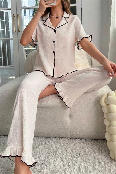 Bella Notte Açık Bej Fırfır Detaylı Gömlek Yaka Pijama Takımı 7167