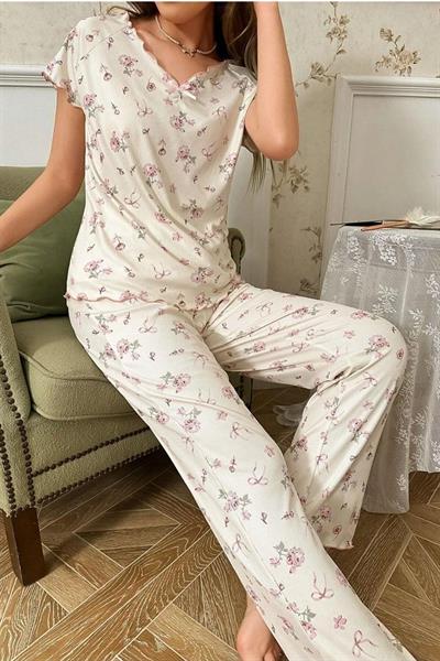 Bella Notte Bahar Esintisi  Pamuklu  Çiçek Desenli  Kısa Kolu Pijama Takımı 7139
