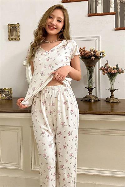 Bella Notte Bahar Esintisi  Pamuklu  Çiçek Desenli  Kısa Kolu Pijama Takımı 7139