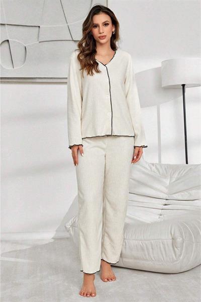 Bella Notte Bej Pamuklu Düğmeli Pijama Takımı 7079