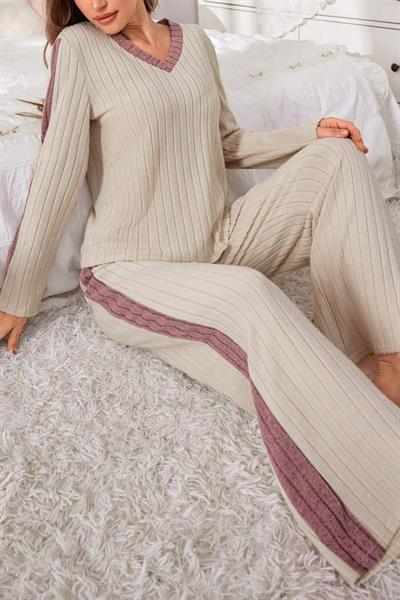 Bella Notte Bej Pamuklu V Yaka Pijama Takımı 77163