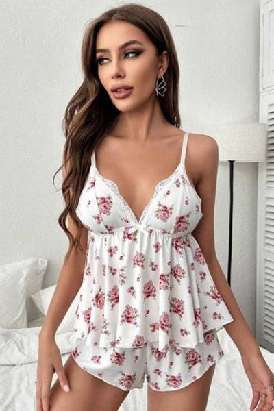 Bella Notte Beyaz Çiçek Desenli Şort Takım 7536