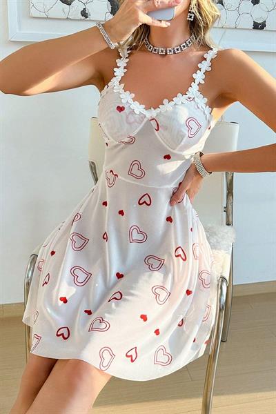 Bella Notte Beyaz Kalp Desenli Papatya Askılı Gecelik 15993