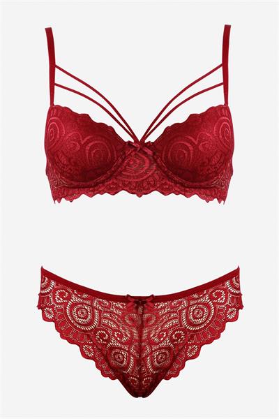 Bella Notte Bordo Dantelli Çift İp Detaylı Şık Sütyen Takım 19007