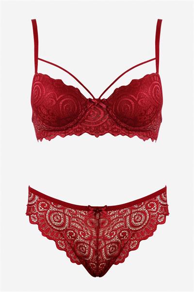 Bella Notte Bordo Dantelli Tek İp Detaylı Şık Sütyen Takım 19011