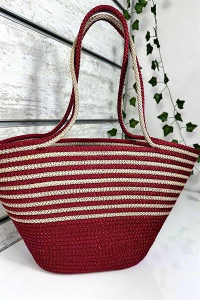 Bella Notte Bordo Kadın Çizgili El Yapımı Günlük/Plaj Çantası 8011
