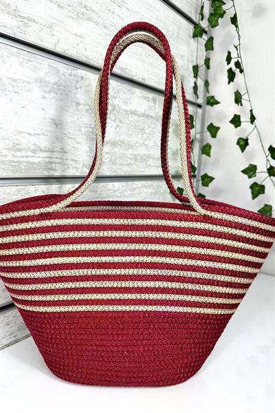 Bella Notte Bordo Kadın Çizgili El Yapımı Günlük/Plaj Çantası 8011