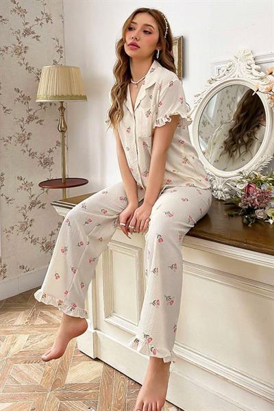 Bella Notte Ekru Çiçek Desenli Yakalı Pijama Takımı 7036