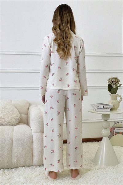 Bella Notte Ekru Desenli Düğmeli Uzun Pijama Takım 7085