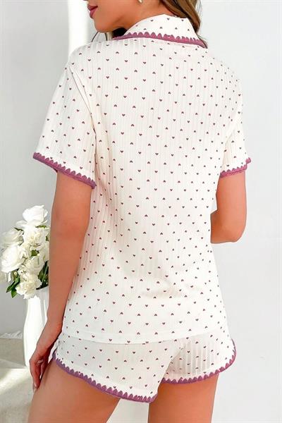 Bella Notte Ekru Pembe Kalp Desenli Şort Takım 7531