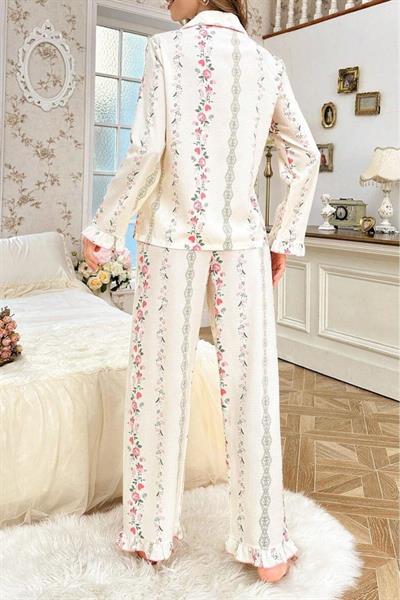 Bella Notte Ekru Pembe Minimal Çiçek Desenli Vintage Pijama Takımı 77300