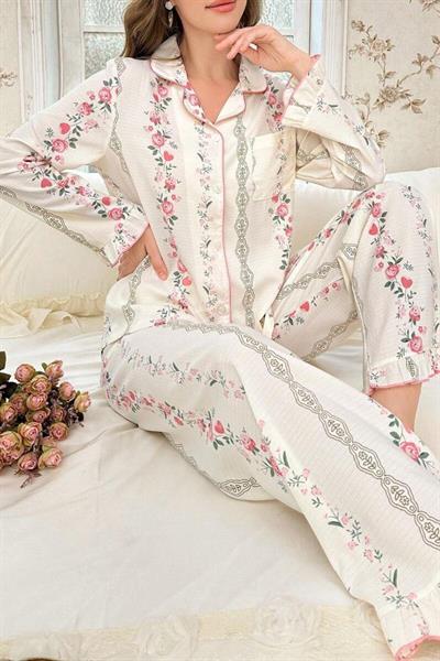 Bella Notte Ekru Pembe Minimal Çiçek Desenli Vintage Pijama Takımı 77300