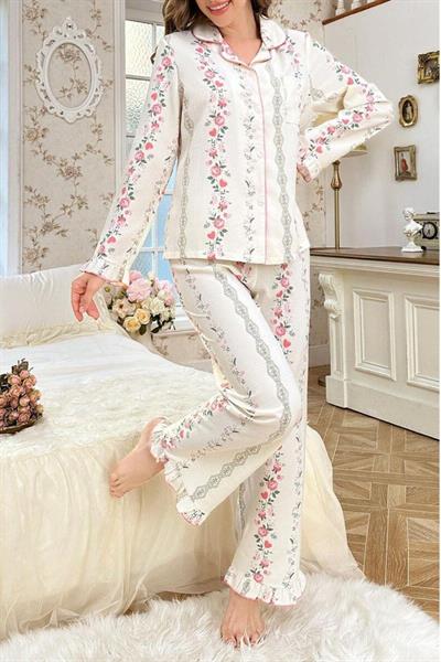 Bella Notte Ekru Pembe Minimal Çiçek Desenli Vintage Pijama Takımı 77300