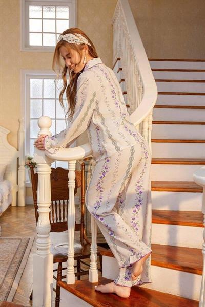 Bella Notte Ekru Romantik Mor Çiçek Desenli Pijama Takımı 77003