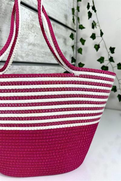 Bella Notte Fuşya Kadın Çizgili El Yapımı Günlük/Plaj Çantası 8007