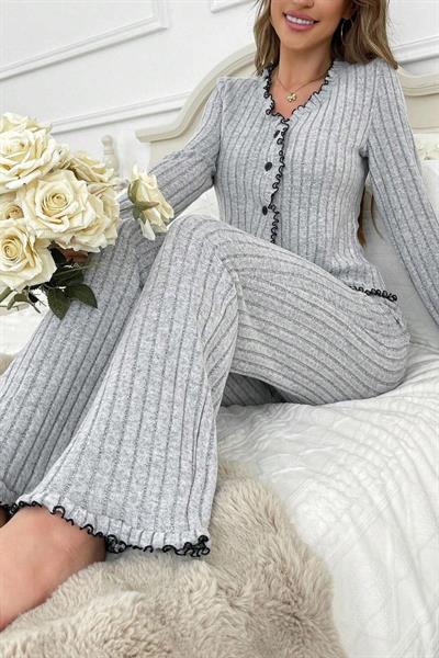 Bella Notte Gri Fırfırlı V Yaka Pamuklu Pijama Takımı 7091